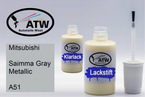 Mitsubishi, Saimma Gray Metallic, A51: 20ml Lackstift + 20ml Klarlack - Set, von ATW Autoteile West.